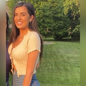 Beige Short Sleeve Ribbed Sweater Button Top